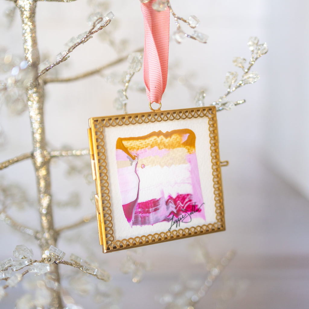 Merry & Bright Original Art Ornament - Gold pink stack