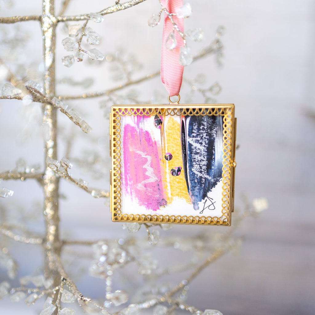 Merry & Bright Original Art Ornament - Pink Gold Navy Vertical