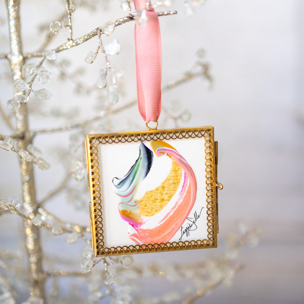 Merry & Bright Original Art Ornament - Peach Gold Green Swish