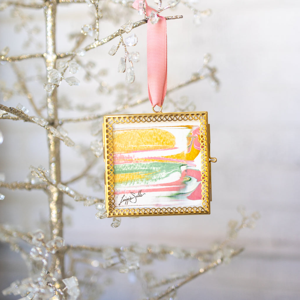 Merry & Bright Original Art Ornament - Metallic gold peach green