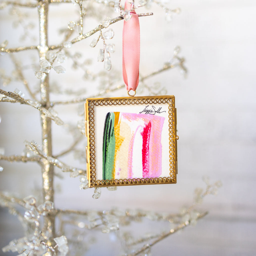 Merry & Bright Original Art Ornament - Vertical Swish Green Gold Pink