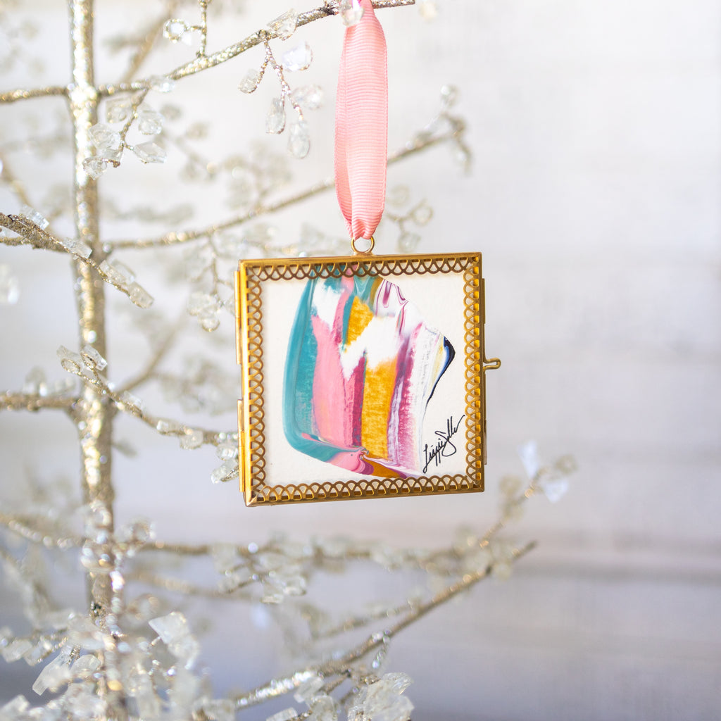 Merry & Bright Original Art Ornament - Teal Pink Gold Swish