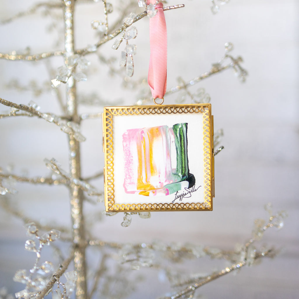 Merry & Bright Original Art Ornament - Green Gold Pink Vertical