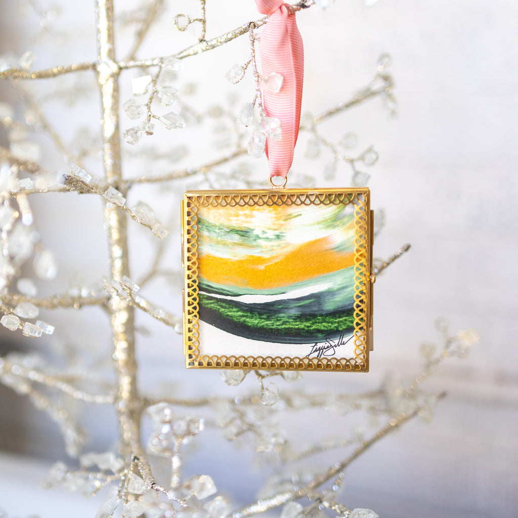 Merry & Bright Original Art Ornament - Curved Green and Gold