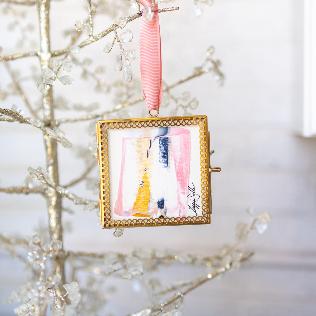 Merry & Bright Original Art Ornament - Peach Navy Gold Vertical Swish