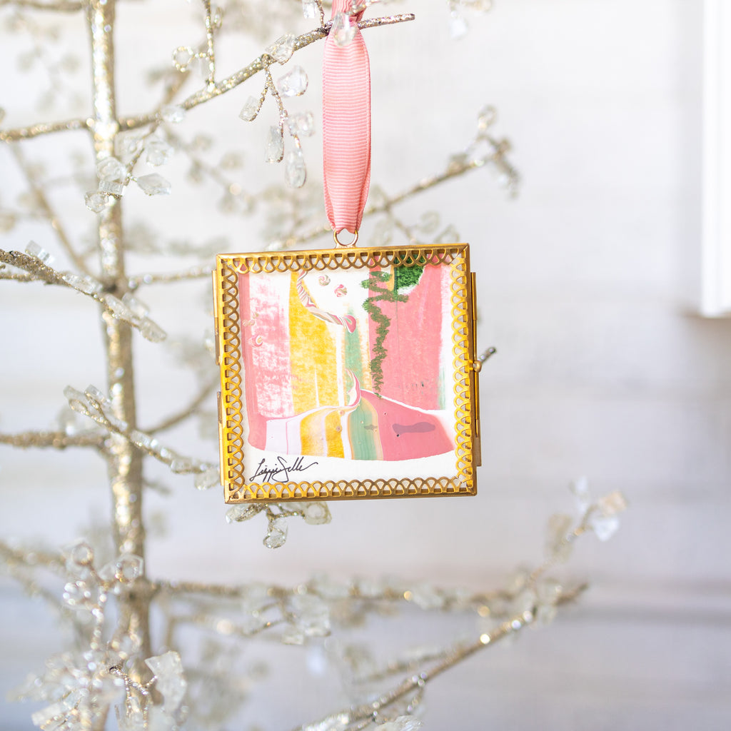 Merry & Bright Original Art Ornament - Peach Gold Green with Oil Pastel