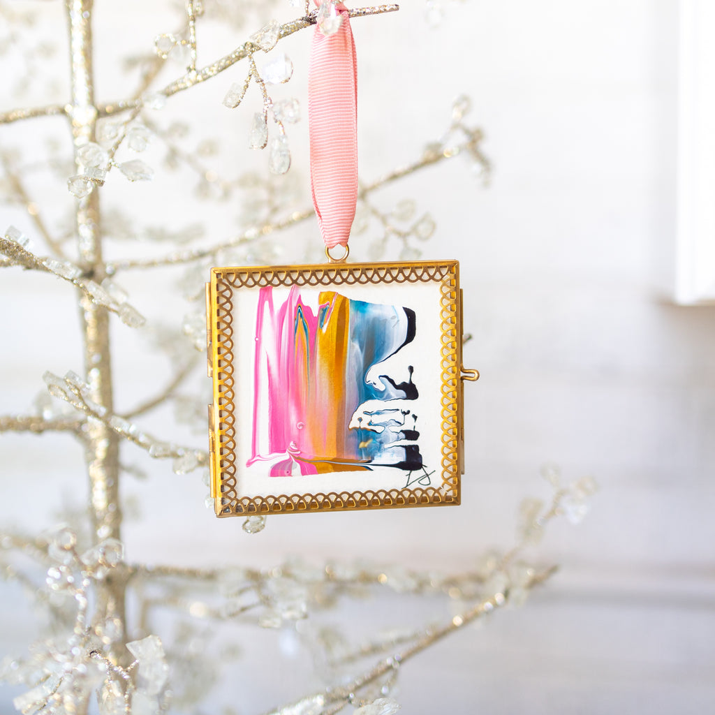 Merry & Bright Original Art Ornament - Magenta Gold Blue Broken Edge