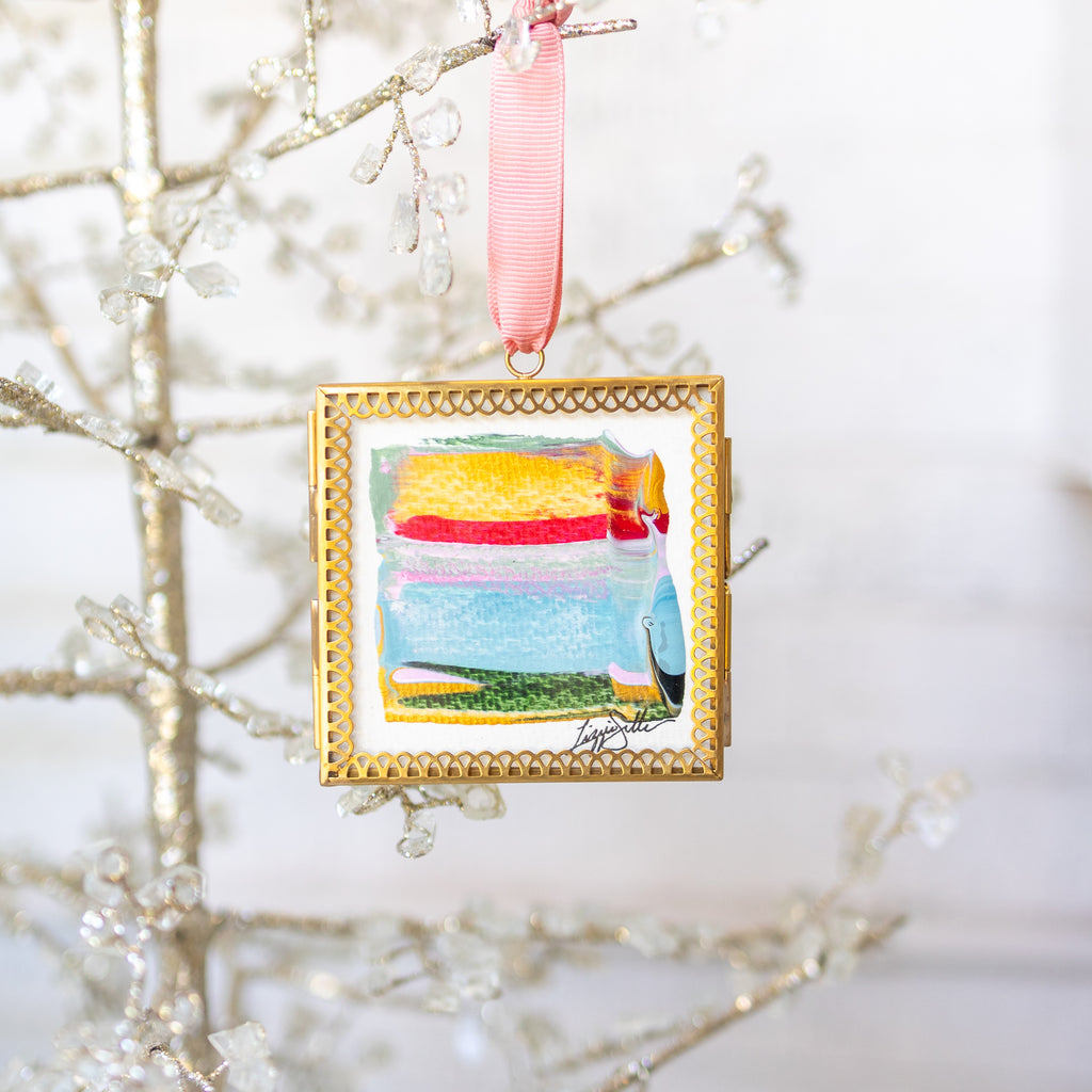 Merry & Bright Original Art Ornament - Gold Red Blue Green Horizontal Abstract