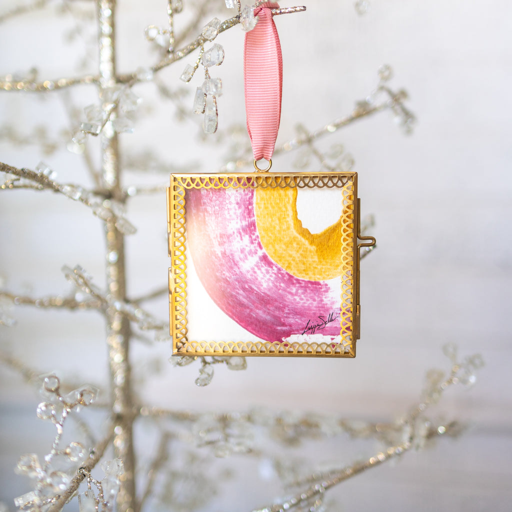 Merry & Bright Original Art Ornament - Pink and Gold Swoop