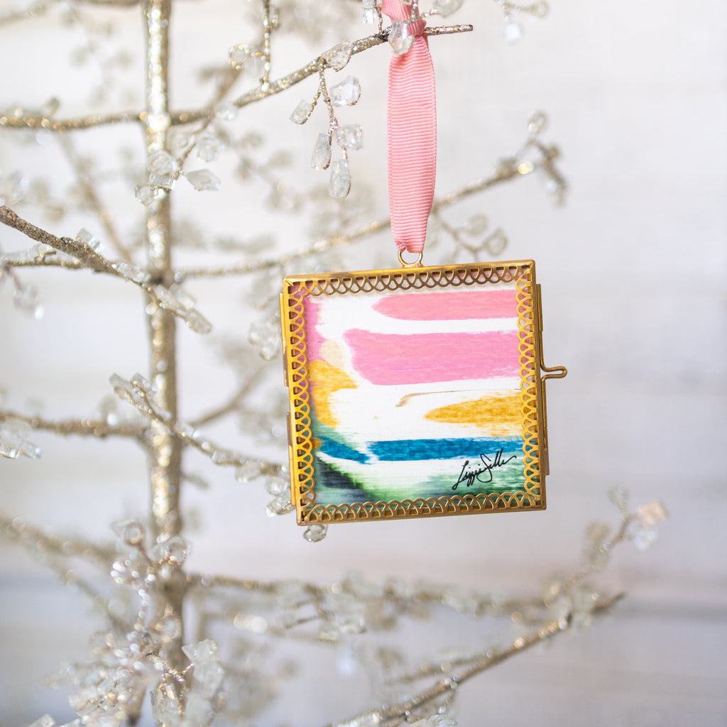 Merry & Bright Original Art Ornament - Peach Gold Turquoise Green Striped Abstract