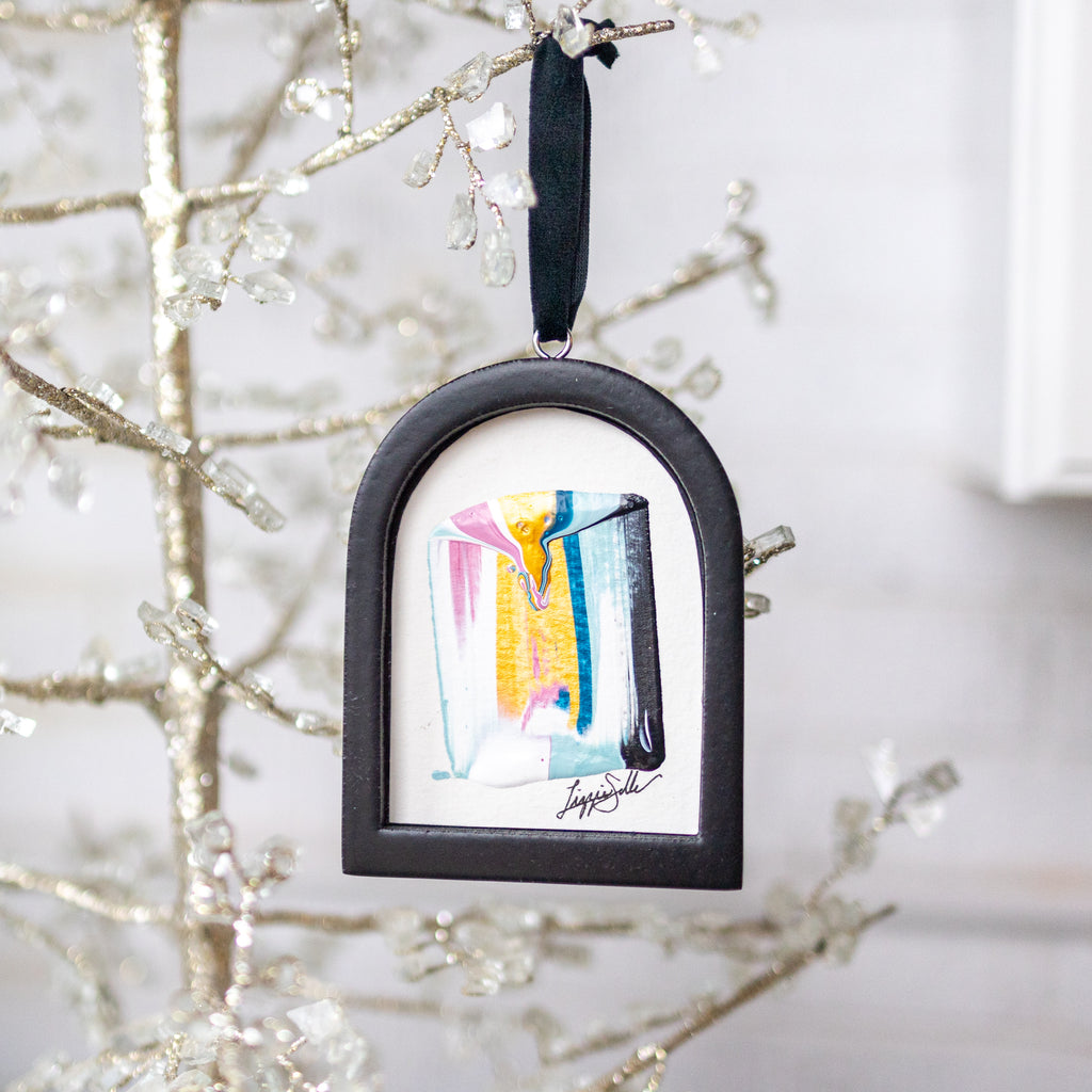 Jingle Bell Original Art Ornament - Blue Gold with Pink Teal and Black Streaks Swish