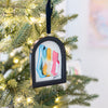 Jingle Bell Original Art Ornament - Blue Gold with Pink Teal and Black Streaks Swish