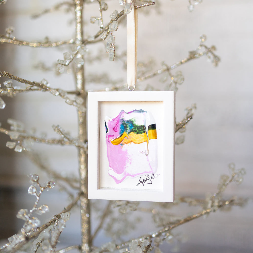 Let It Snow Original Art Ornament - Candy Pink and White with Green and Metallic Gold Stripes